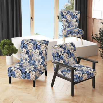 Beige And Blue Farmhouse Floral Pattern - Upholstered Cottage Accent Chairs